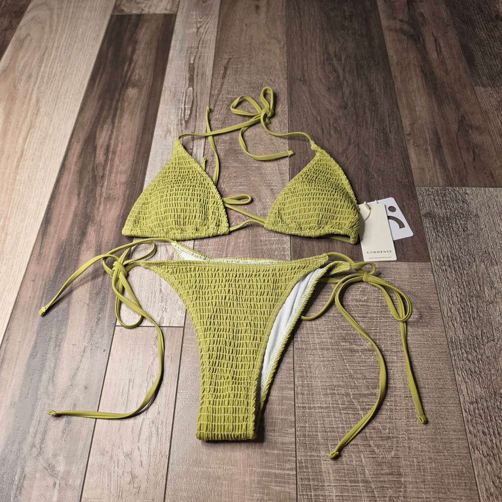 Commense Bikini Set Womens Large Lime Green NWT Smocked Triangle Side Tie 2pc